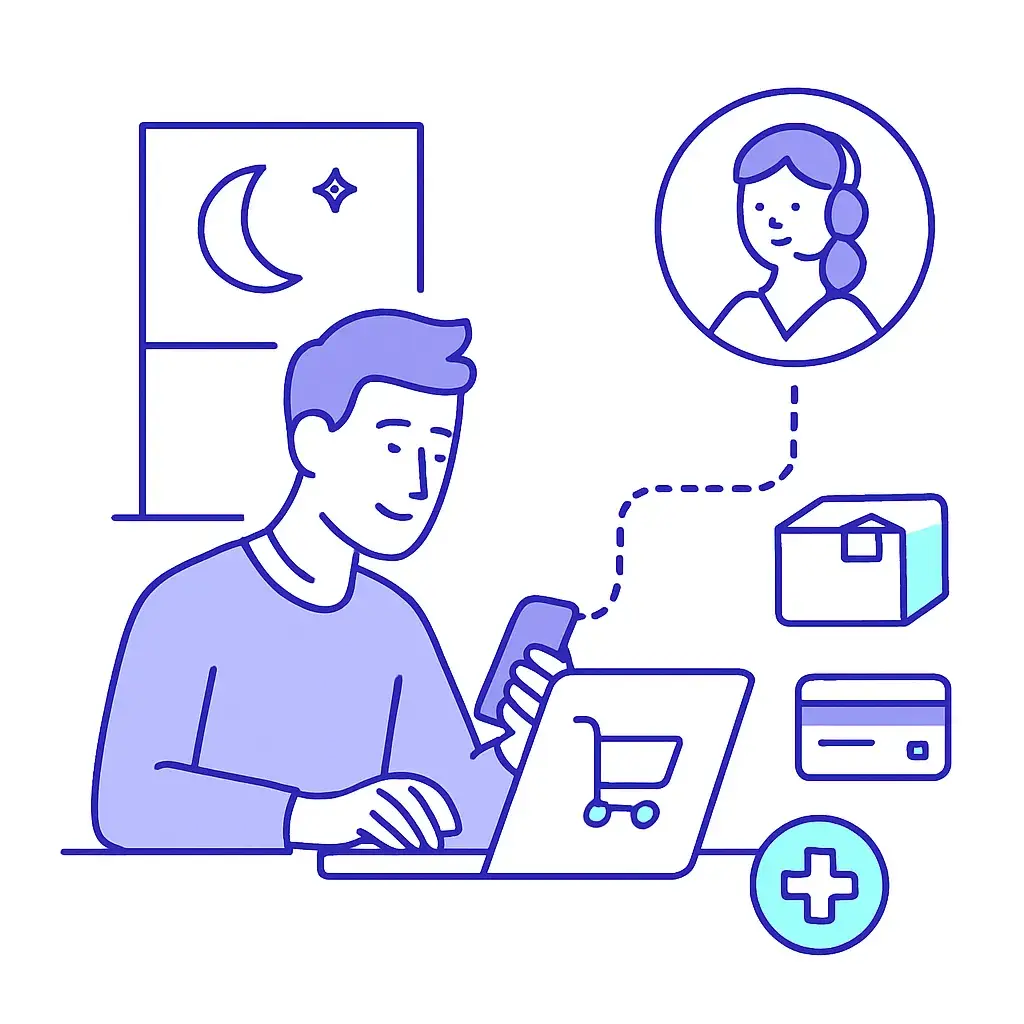 Line art of a night time online shopper using a laptop and phone with dotted lines to a support agent, package and credit card icons.