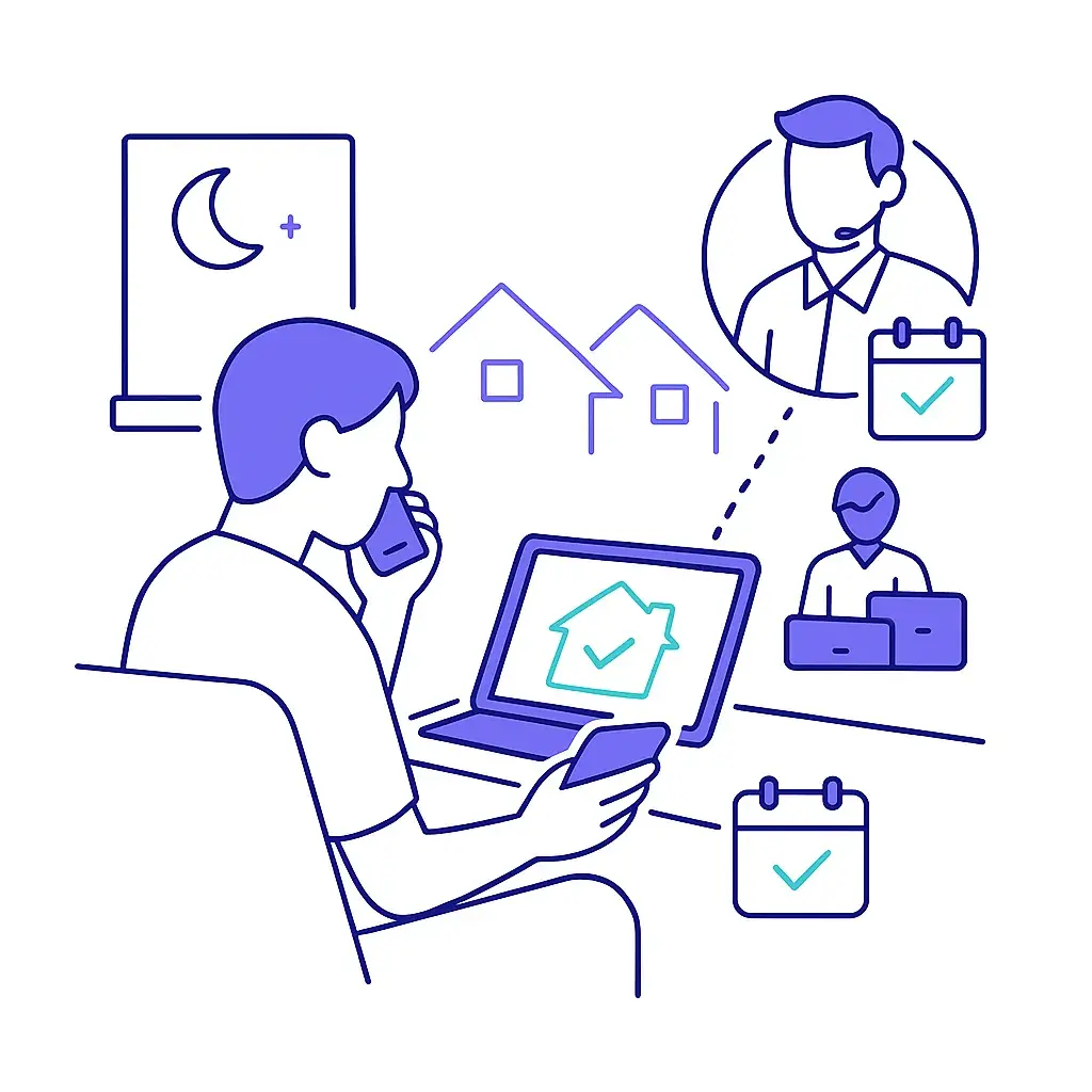 Prospective buyer calling about property listing at night with dotted line to an agent and calendar, houses in the background.