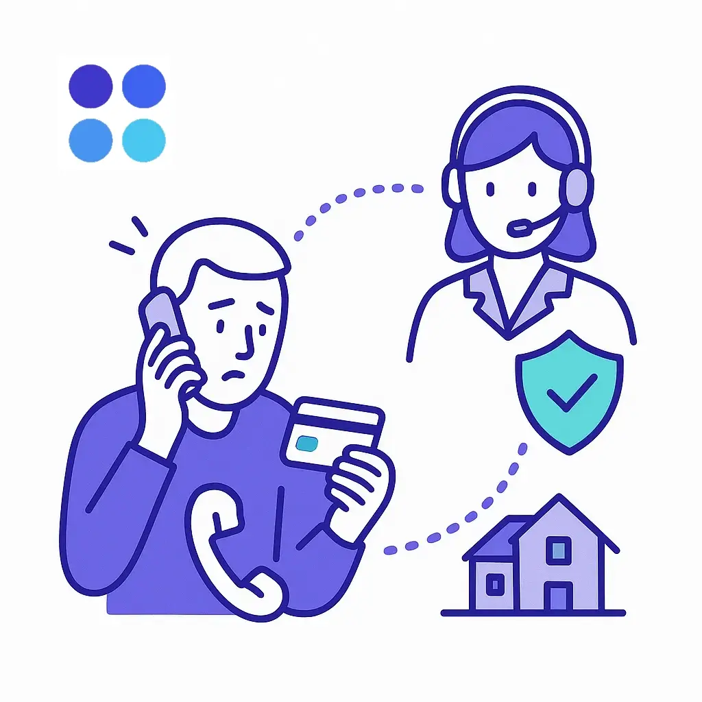Worried caller holding a credit card reaches a financial advisor icon via dotted line, with shield symbolizing secure assistance.
