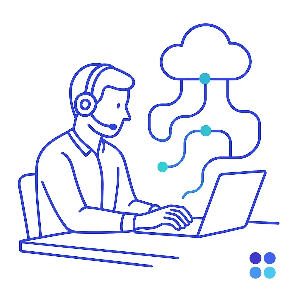 A headset-wearing call-center agent types on a laptop while nodal lines connect to a cloud above; four-dot brand logo in the corner signals cloud integration.