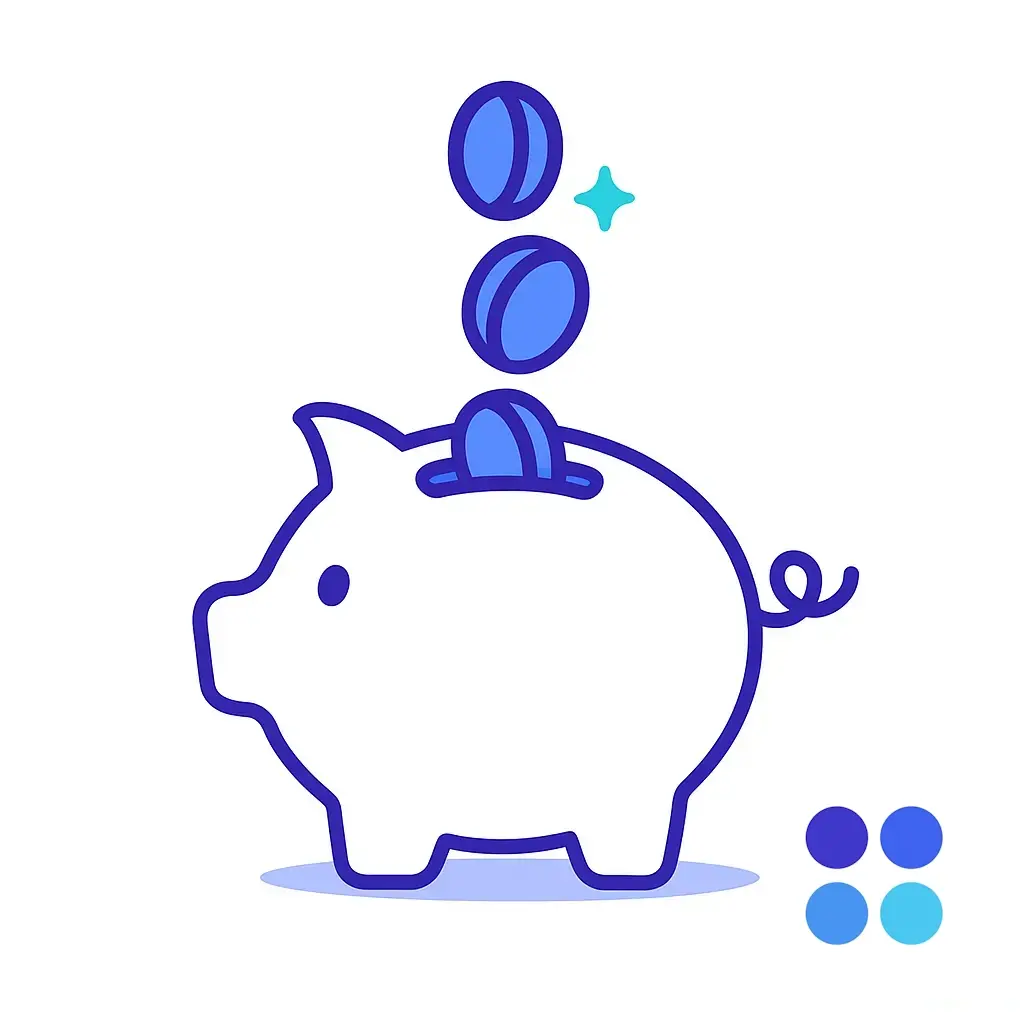 Coins drop into a piggy bank icon atop a subtle shadow; four-dot brand logo in the corner highlights cost-effective service.