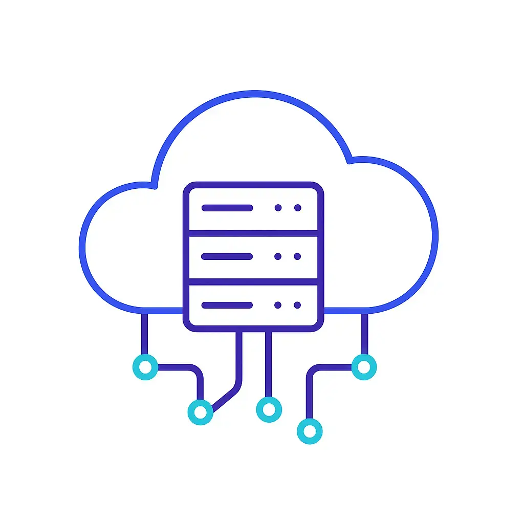 A server rack icon inside a cloud with branching connections beneath, symbolizing elastic scalability; four-dot brand logo in the corner denotes reliability.
