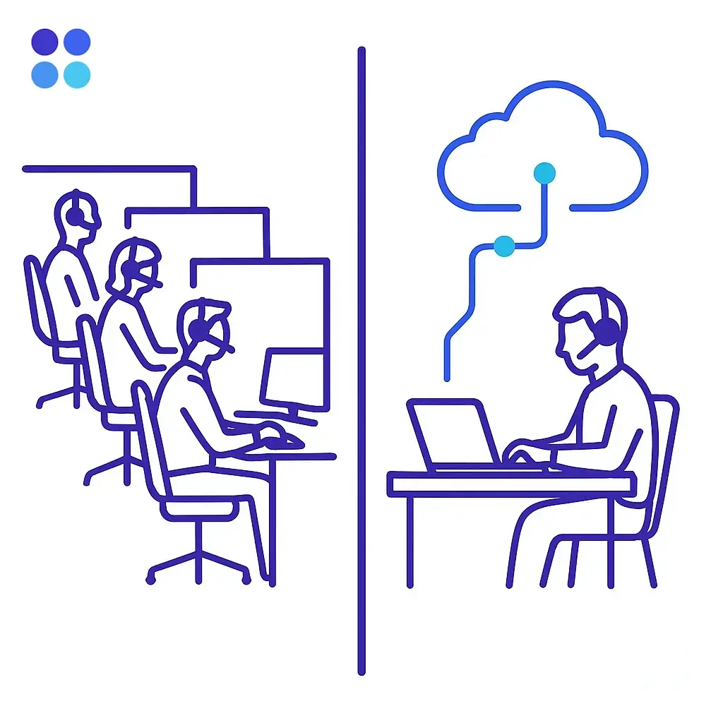 A split-screen comparison shows rowed call operators on one side and a single remote agent linked to a cloud on the other; four-dot brand logo highlights deployment flexibility.