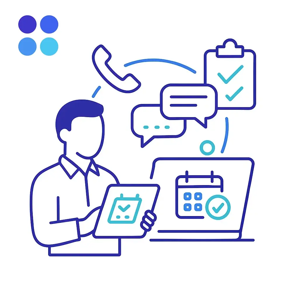 A user holds a tablet showing a checked calendar while icons for phone, chat and checklist swirl above a laptop, illustrating automated scheduling; four-dot brand logo marks integration.