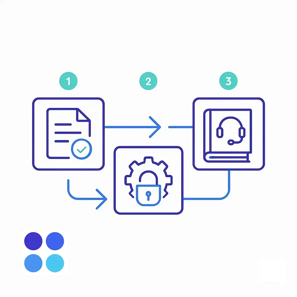 A stylized document icon behind a shield with a checkmark, underscoring regulatory adherence; four-dot brand logo in the corner signifies trust.