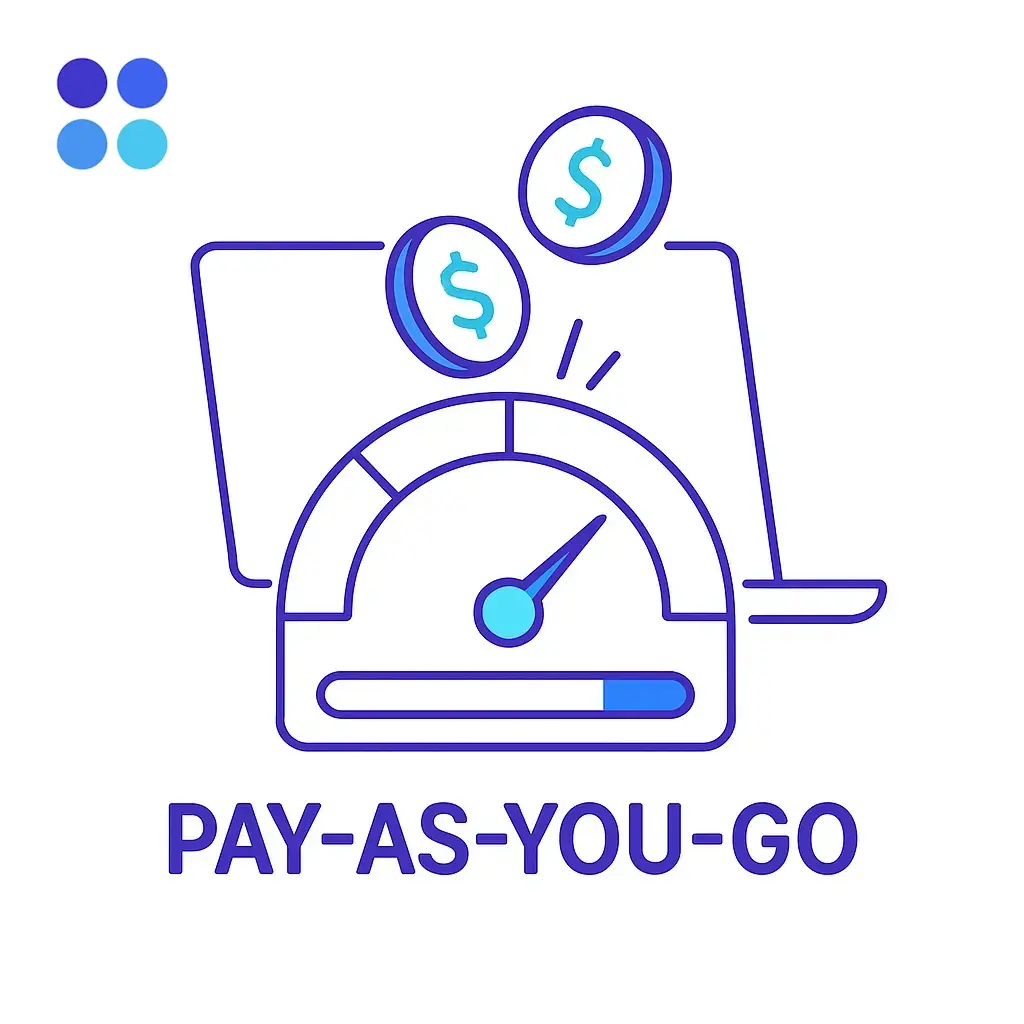 A laptop silhouette overlaid by a responsive gauge and coins dropping into it; four-dot brand logo underscores flexible, usage-based billing.