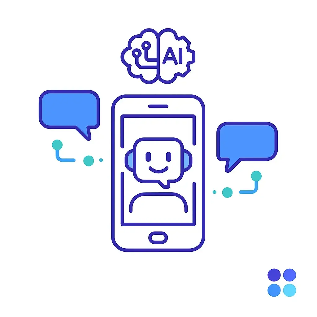 A smiling chatbot avatar appears on a smartphone screen beneath an AI brain icon, with chat bubbles and connecting lines; four-dot brand logo emphasizes intelligent assistance.
