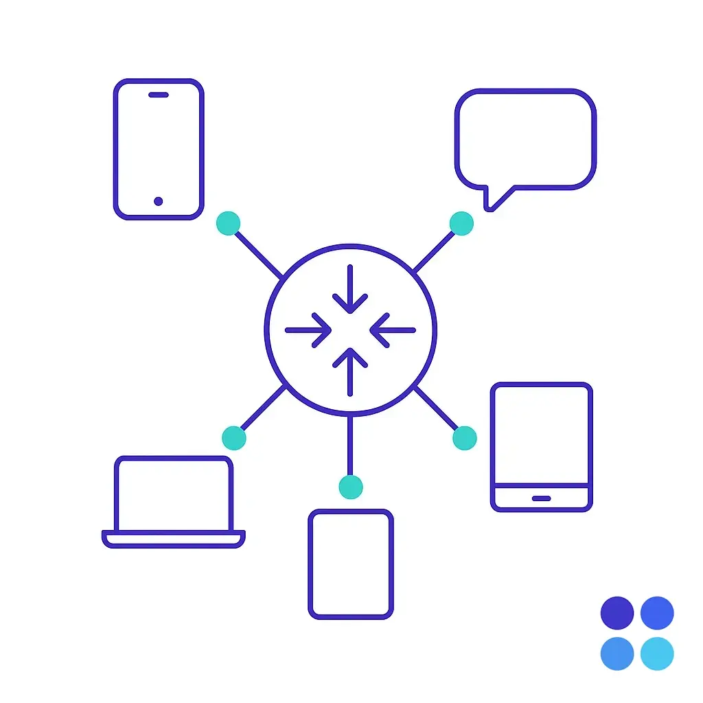 A central node with arrows points to smartphone, laptop and tablet outlines, representing multi-device network connectivity; four-dot brand logo underscores unified communications.