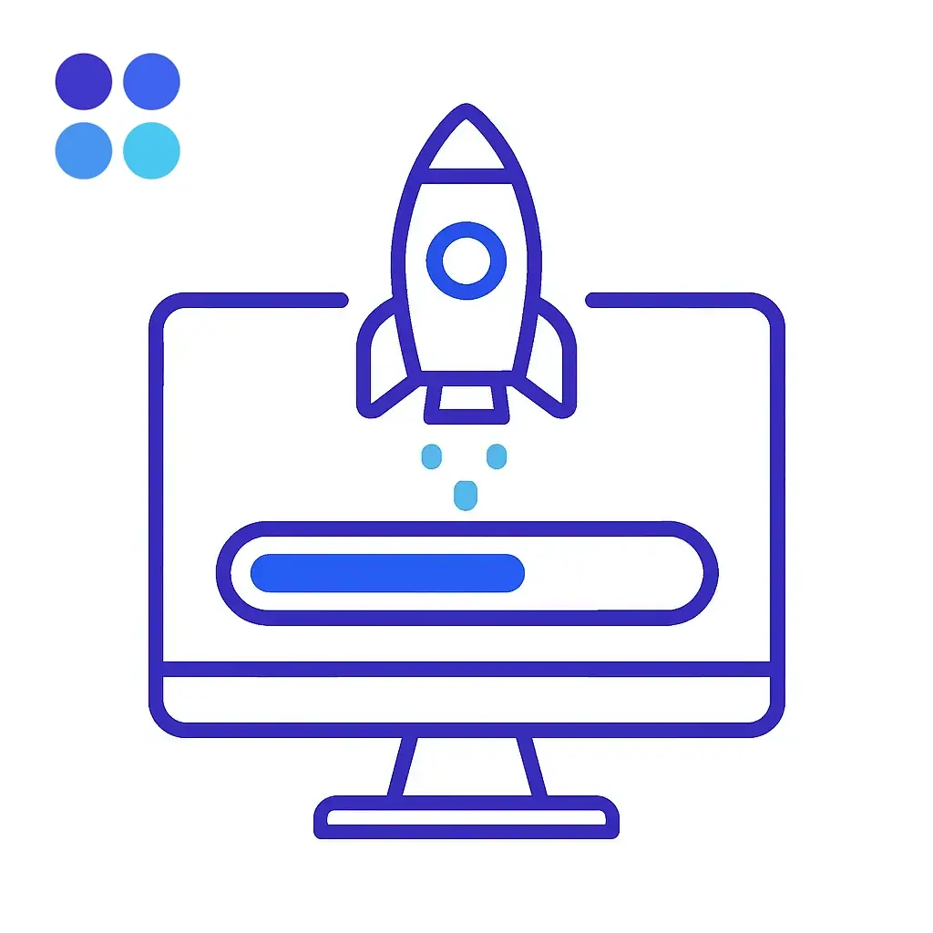 A rocket icon lifts off from a progress bar inside a monitor, symbolizing fast onboarding and deployment; four-dot brand logo in the corner highlights brand-backed acceleration.