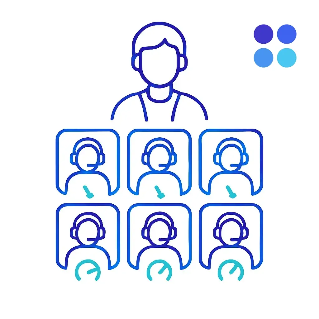 A central supervisor icon oversees six headset avatars each within performance gauges, depicting elastic staffing; four-dot brand logo marks scalable resources.