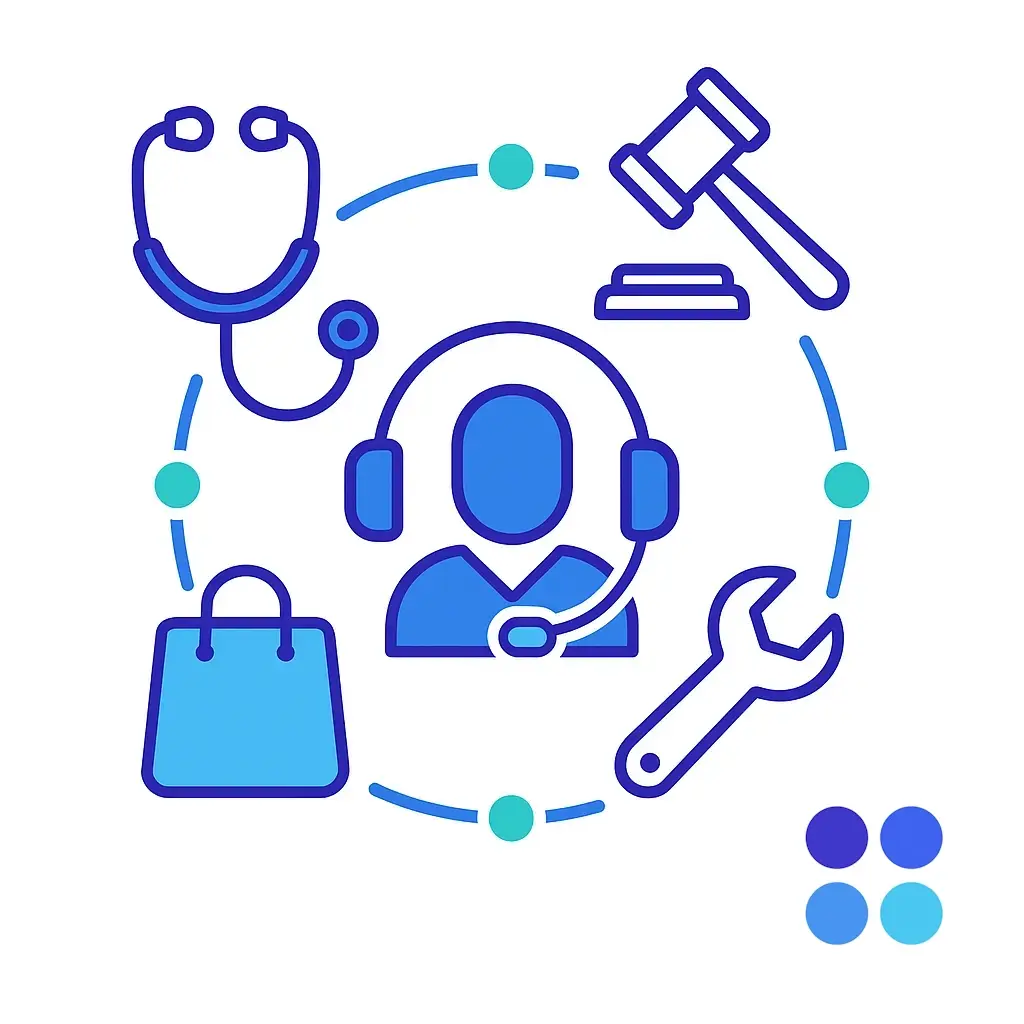 A central supervisor icon oversees six headset avatars each within performance gauges, depicting elastic staffing; four-dot brand logo marks scalable resources.