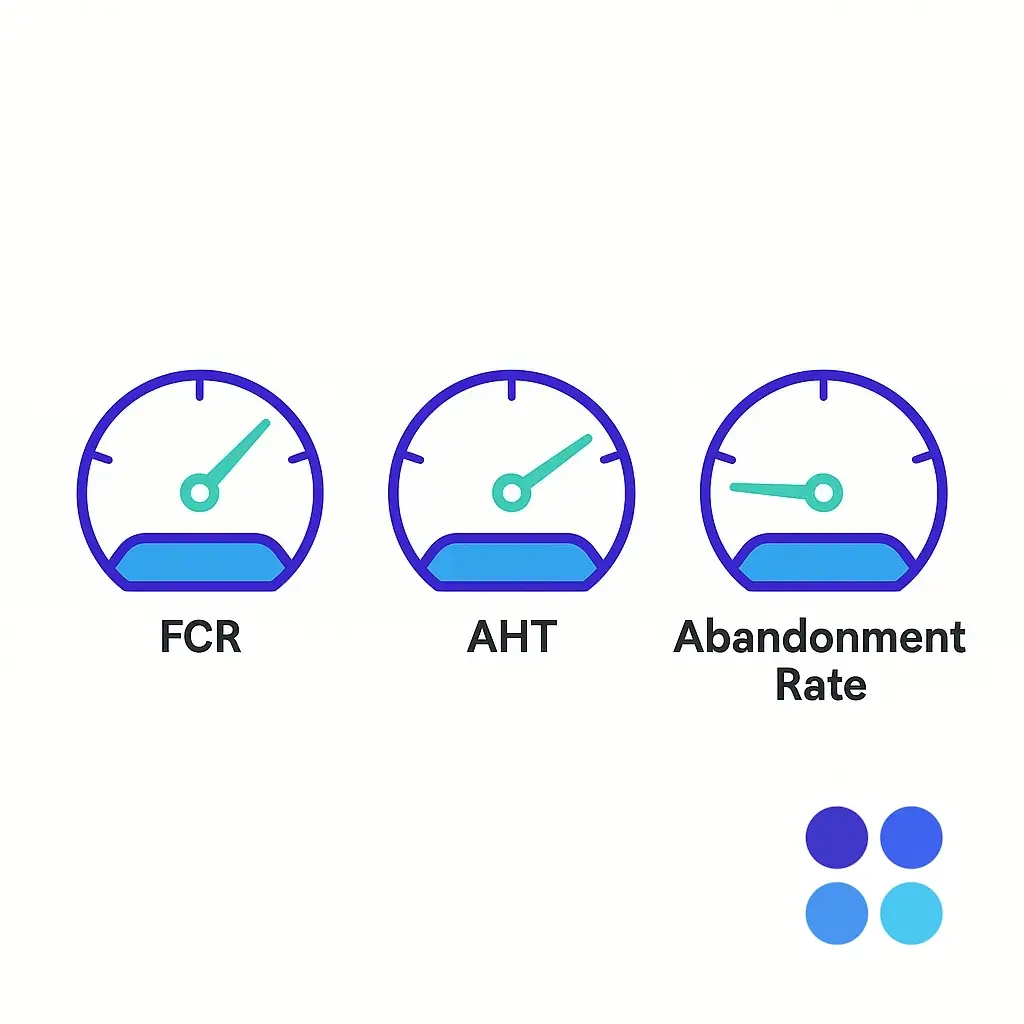 Three side-by-side gauges labeled FCR, AHT and Abandonment Rate, visualizing key call-center KPIs in one view; four-dot brand logo in the corner underlines performance metrics.