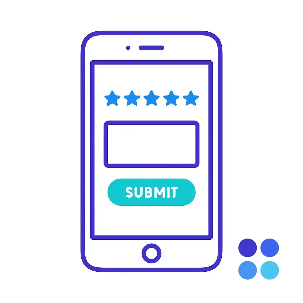 A smartphone screen shows a five-star rating bar, comment box and Submit button, representing in-app customer feedback collection; four-dot brand logo punctuates the interface.