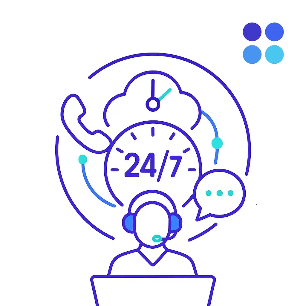 A headset icon surrounded by telephone, speech-bubble and envelope symbols within circular arrows; four-dot brand logo indicates around-the-clock service.