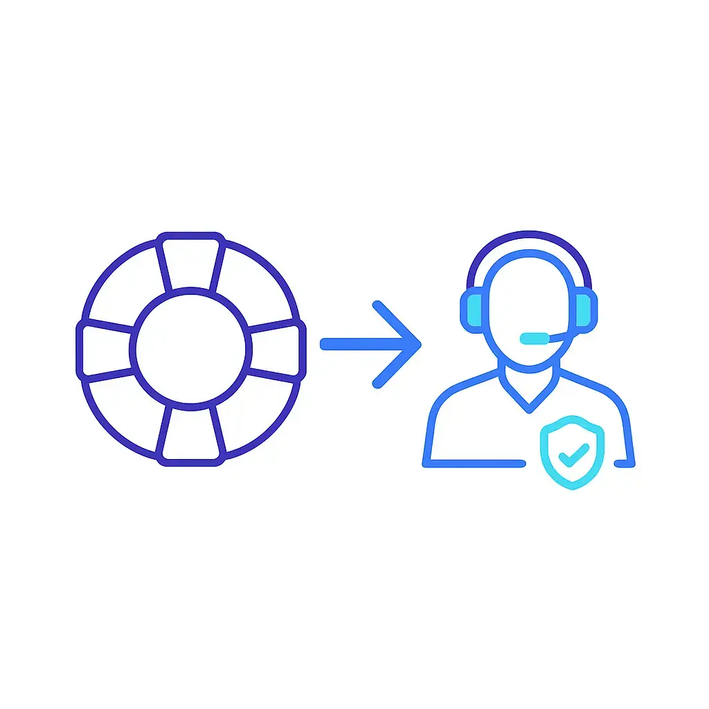 A lifebuoy icon links to a shielded headset representative via an arrow, illustrating rapid escalation to verified support agents; four-dot brand logo in the corner indicates secure handling.