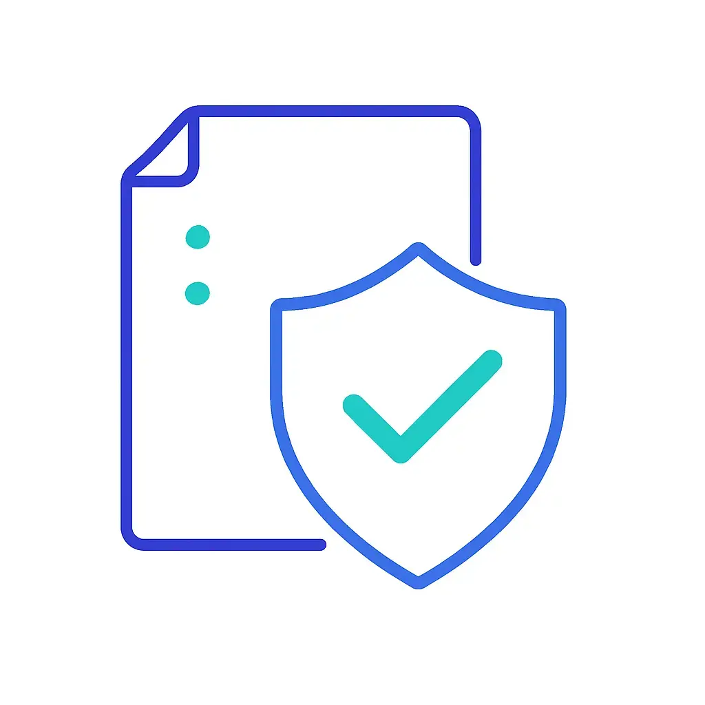 A stylized document icon behind a shield with a checkmark, underscoring regulatory adherence; four-dot brand logo in the corner signifies trust.
