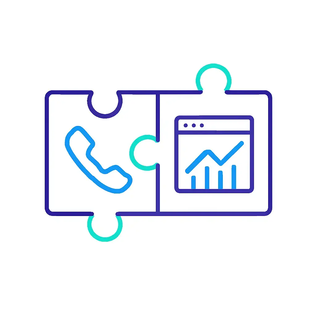 Two interlocking puzzle pieces depict a telephone handset and an analytics dashboard, representing unified voice and data integration; four-dot brand logo anchors the concept.