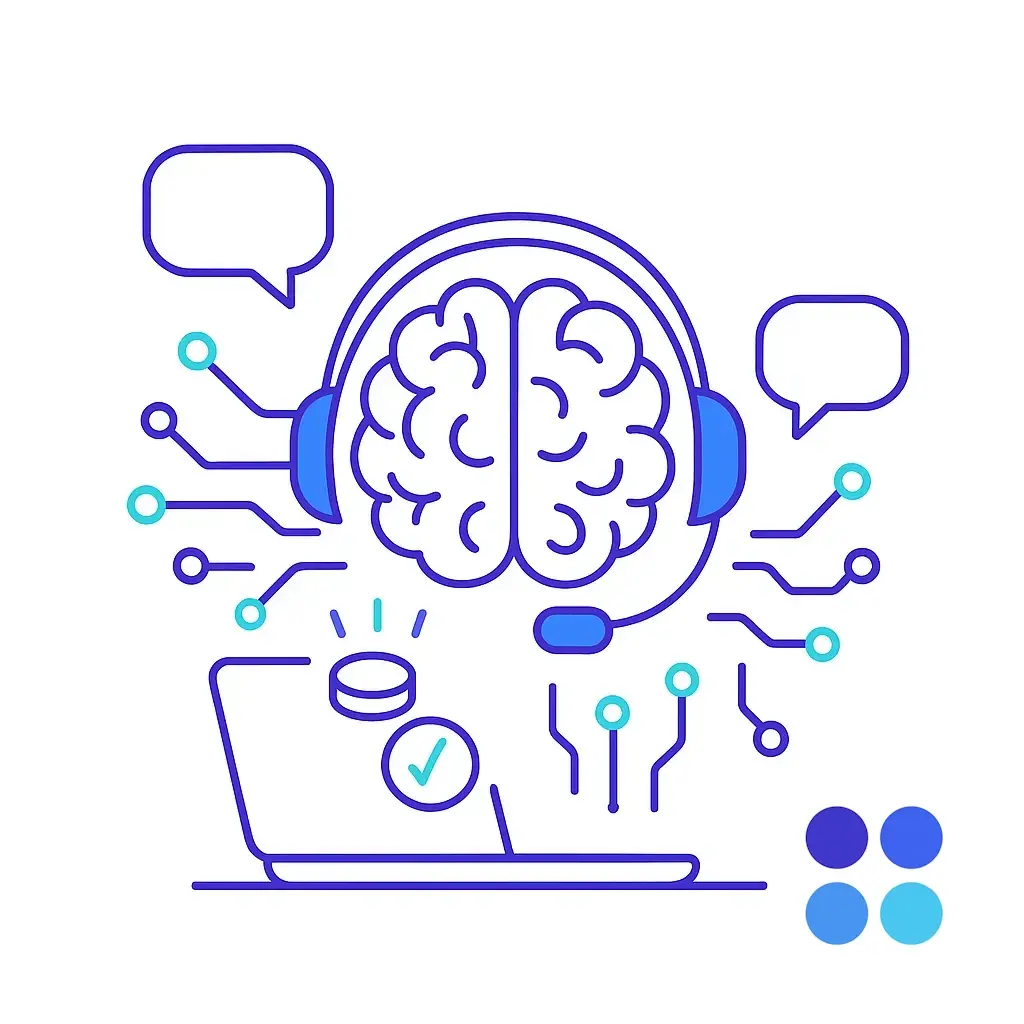 A stylized brain half composed of circuits and half as a gear above a mobile phone displaying a chatbot avatar; speech bubbles flank the sides for AI-driven conversations.