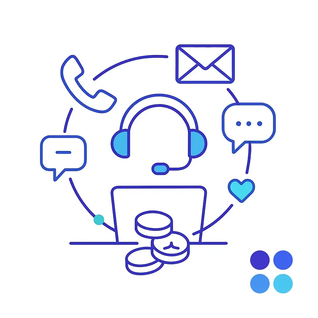 A headset icon floats above a laptop surrounded by phone, message and heart icons in a circular path, with coins stacked below; four-dot brand logo highlights revenue-driving engagement.