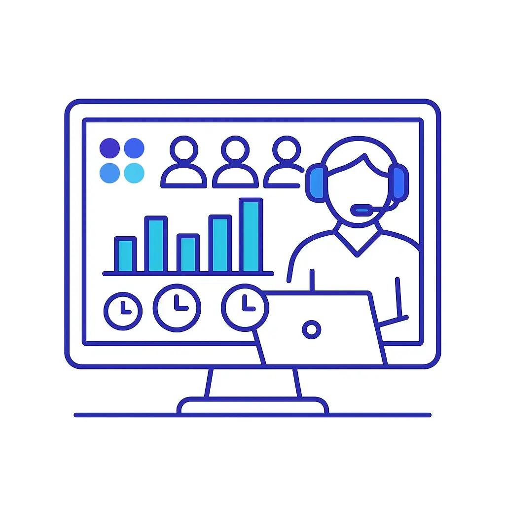 A desktop monitor shows a bar chart, a pie chart and clock icons; four-dot brand logo in the corner emphasizes real-time performance tracking.