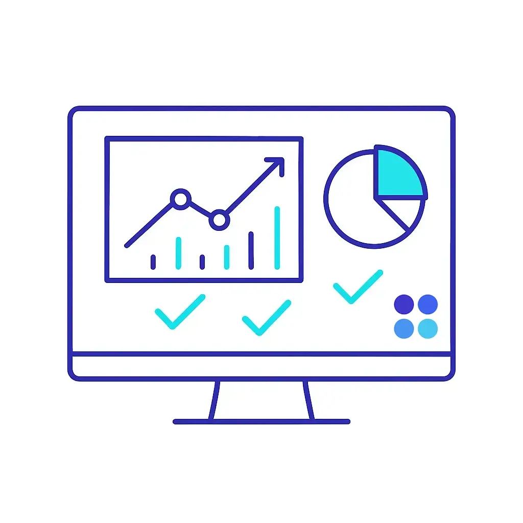 Two professionals shake hands above a laptop displaying rising bar charts, illustrating collaborative growth strategies; four-dot brand logo anchors the corner.