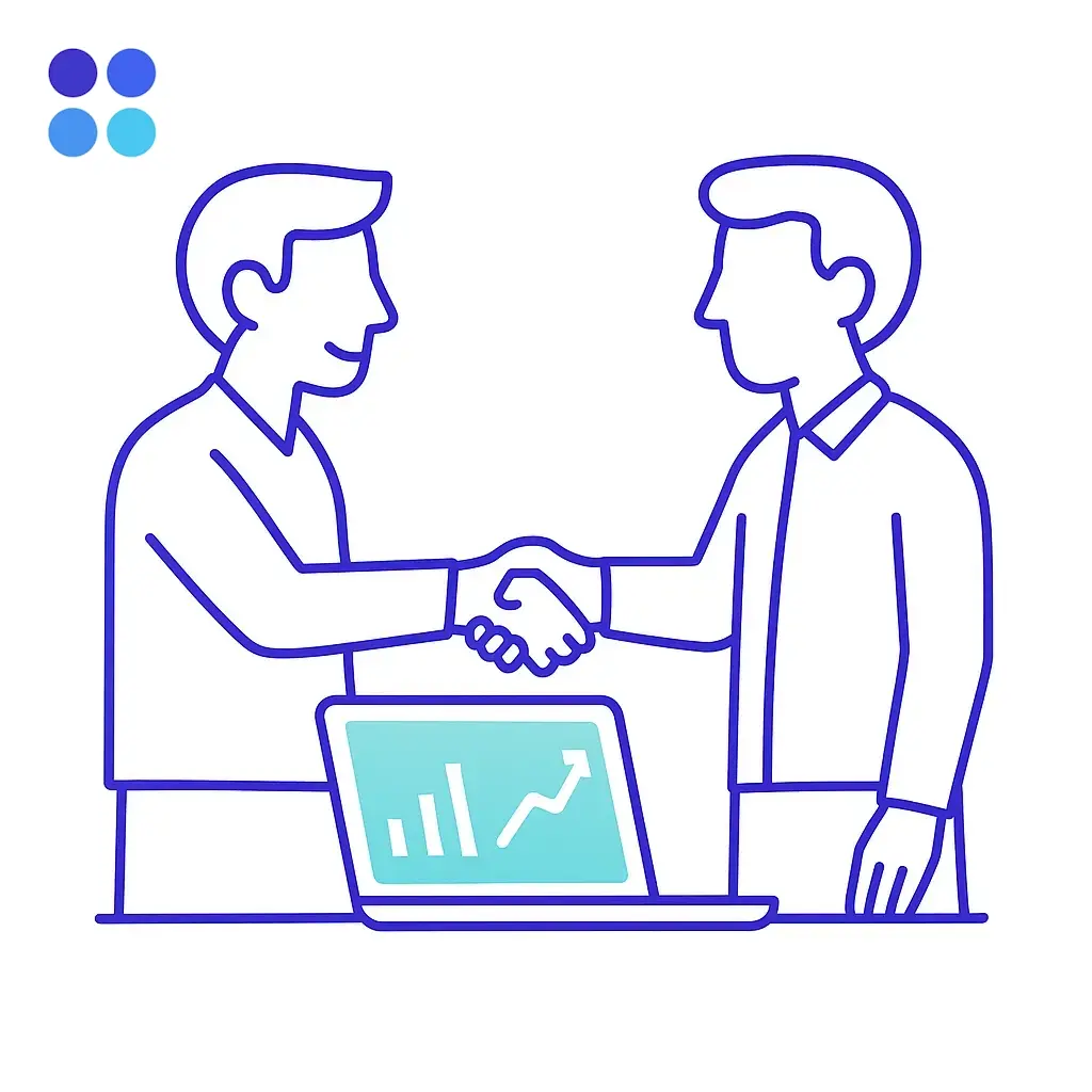 A computer screen shows multiple charts and checkmarks against a grid background, representing trusted reporting capabilities; four-dot brand logo marks brand trust.