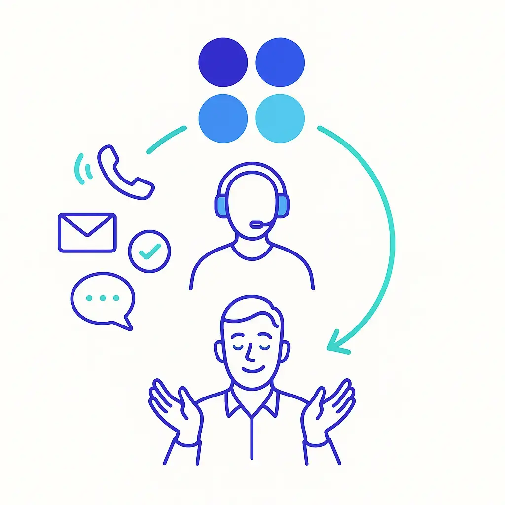 Four colored brand dots above icons for phone, email, approval check and chat bubble, all funneled through a headset-wearing agent to a relaxed customer with raised hands