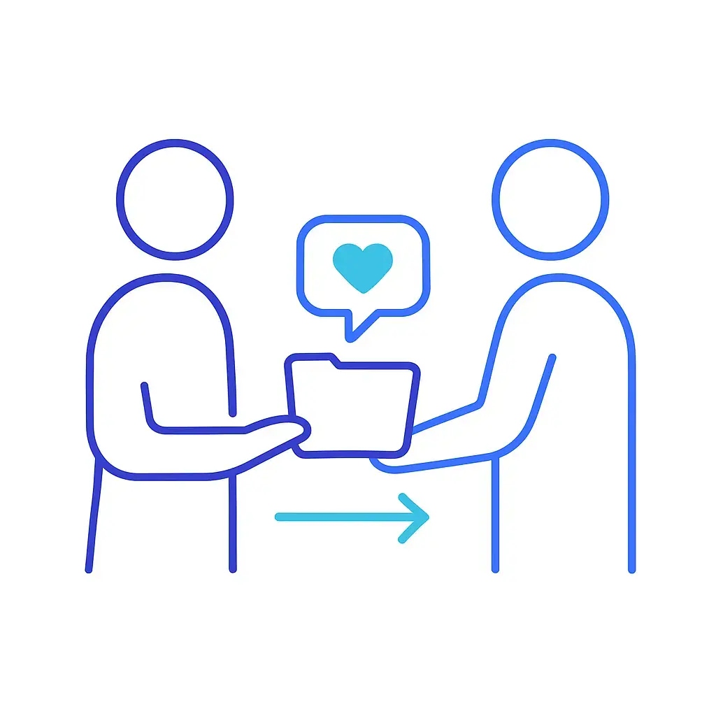 Frustrated caller at a desk with chaotic communication icons overhead, and a support agent figure extending a helping hand