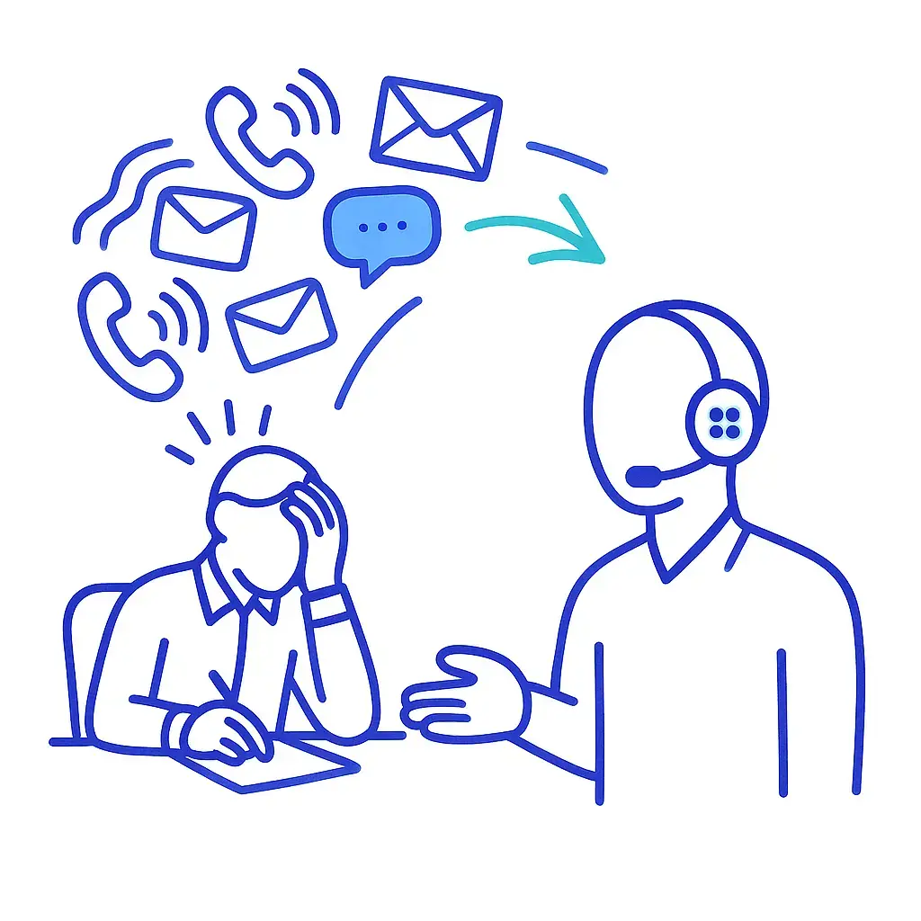 Swirling phone and email icons flowing by arrow into an agent with headset writing on a tablet, surrounded by calm waves and a heart message bubble