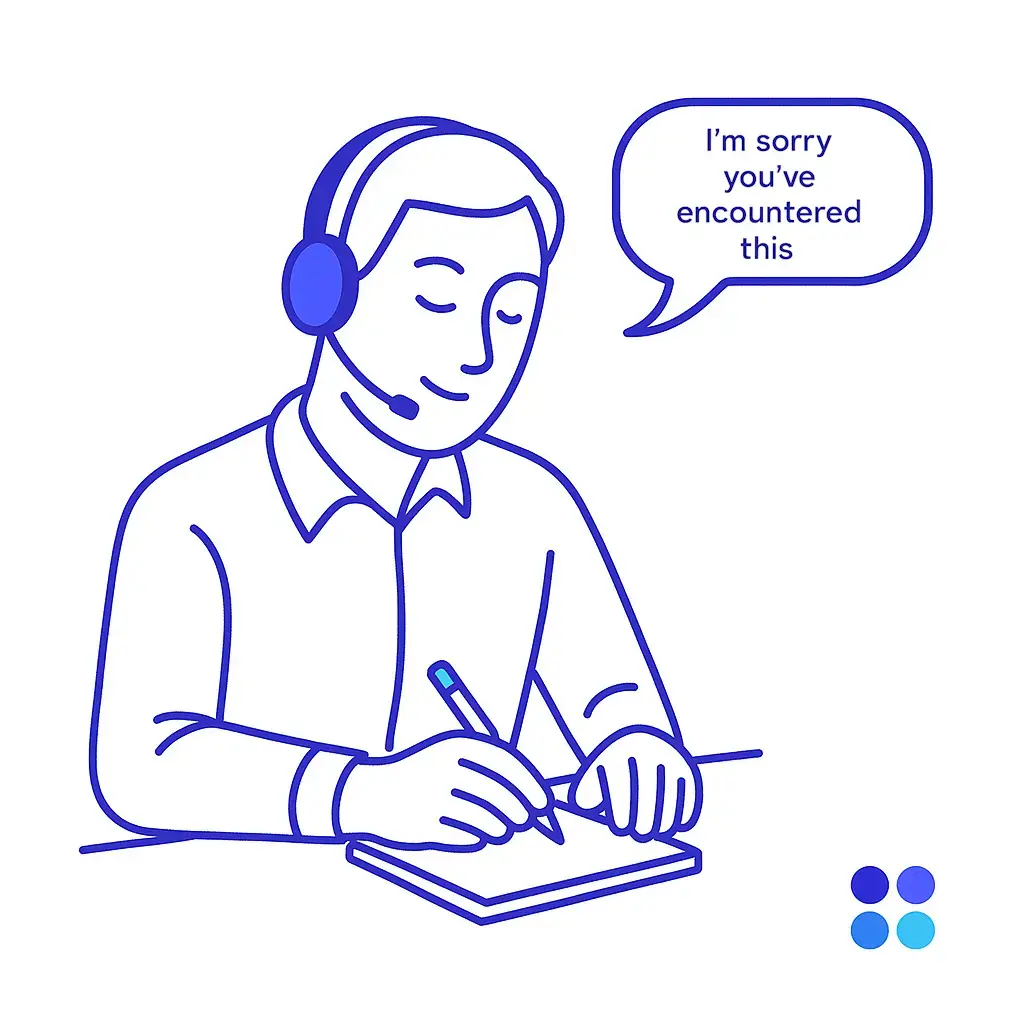 Call-center agent writing notes with headset on and a speech bubble reading “I’m sorry you’ve encountered this,” plus four brand dots in corner
