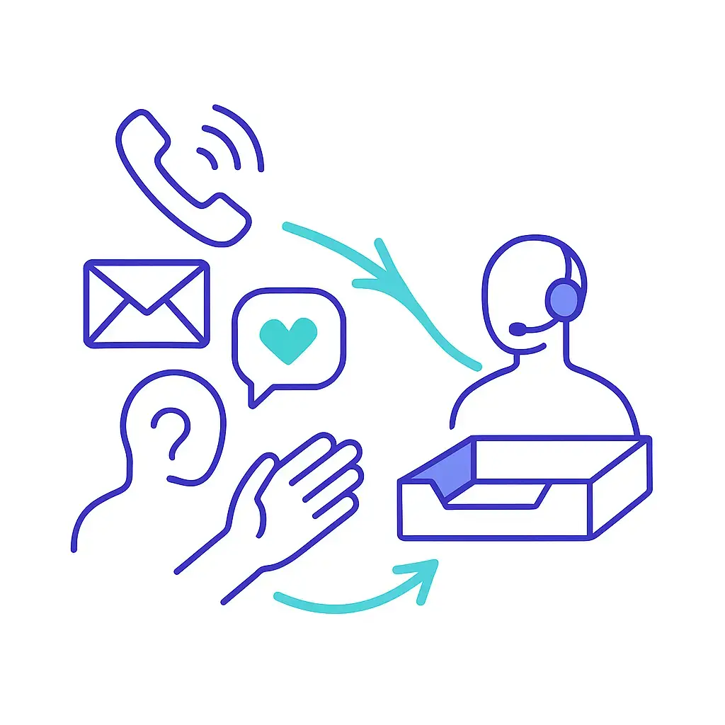 Phone, envelope, chat heart and question icons feeding into a silhouette of a caller and then into an agent’s inbox tray, all linked by arrows