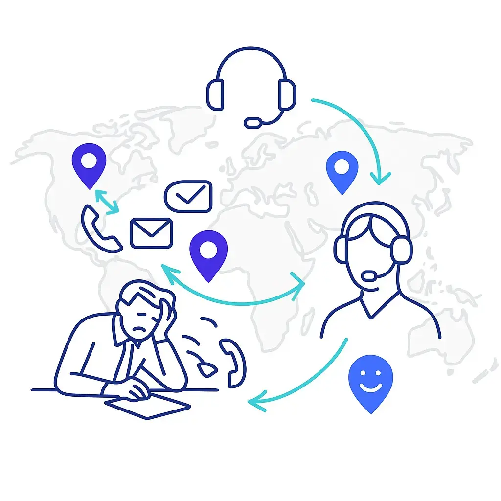 Line-art world map behind a headset icon, frustrated caller, support agent and happy customer connected by arrows and location pins