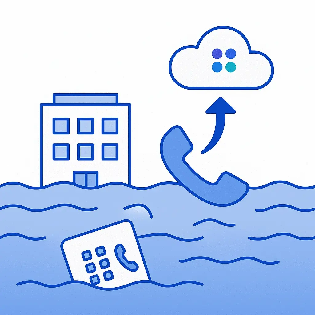 A minimalist illustration of a flooded office with a floating phone redirected by an arrow to a cloud icon containing the Go Answer 4-dot logo.