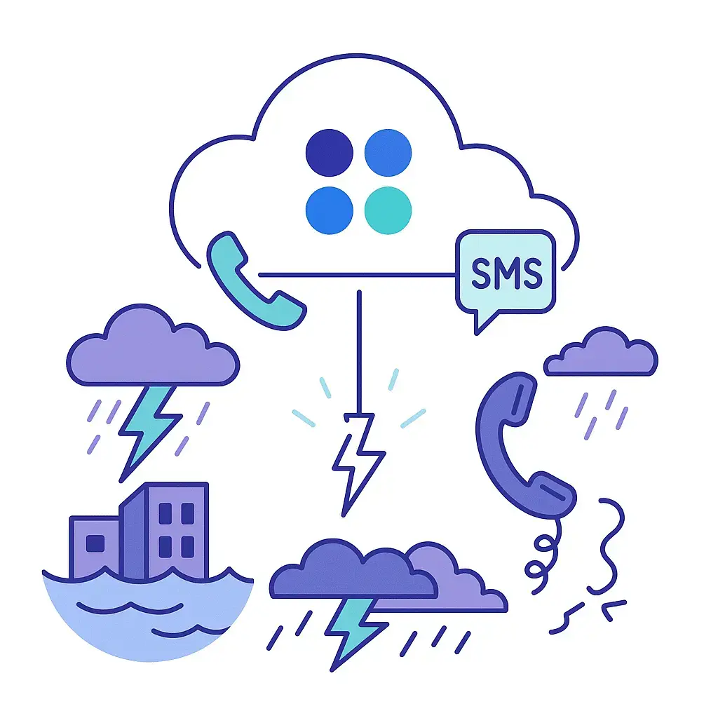 Illustration of a cloud platform with the Go Answer logo above stormy flooding and broken phone lines, with call and SMS icons floating safely in the cloud.