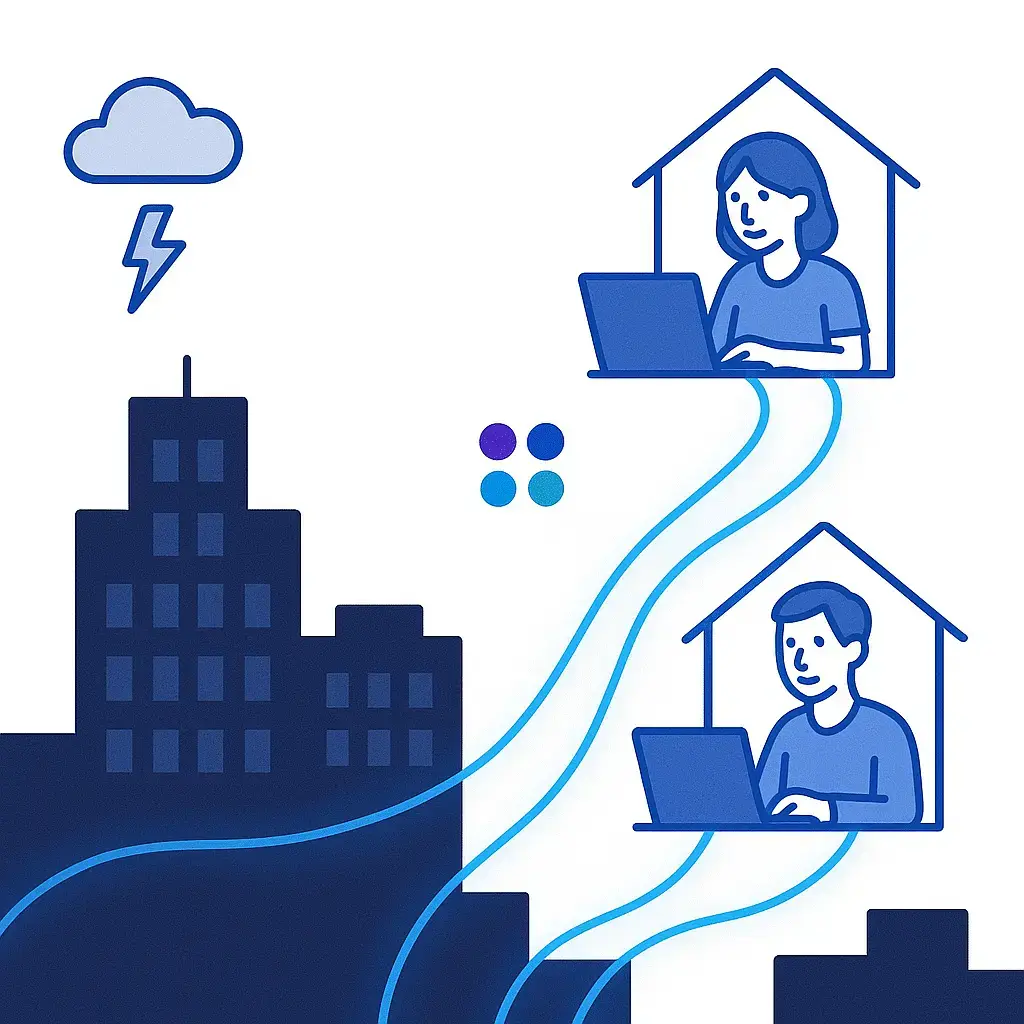 A digital illustration showing a dark city skyline during a blackout, with remote workers connected by glowing lines, and the Go Answer logo near one house.