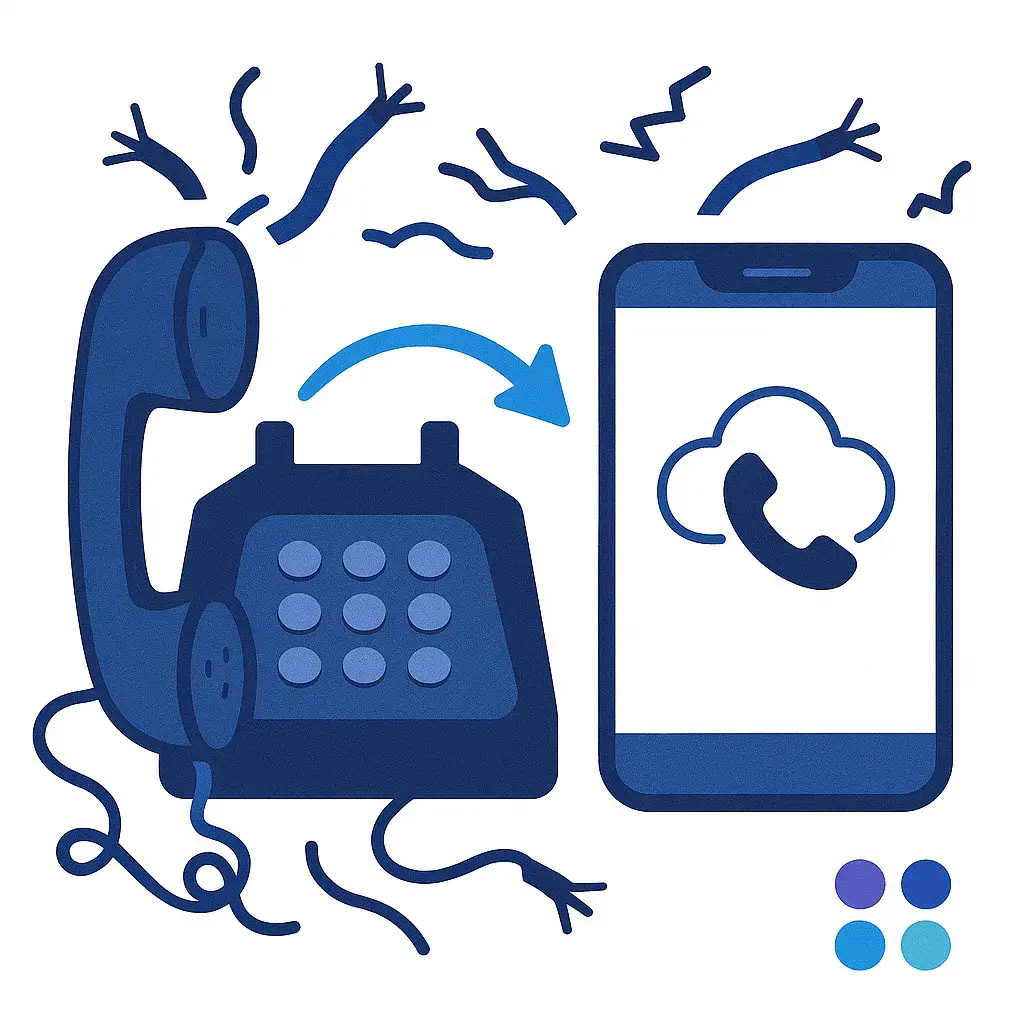 Illustration showing a broken traditional landline phone with cut wires next to a modern smartphone receiving a cloud-based call, with a small Go Answer logo nearby.