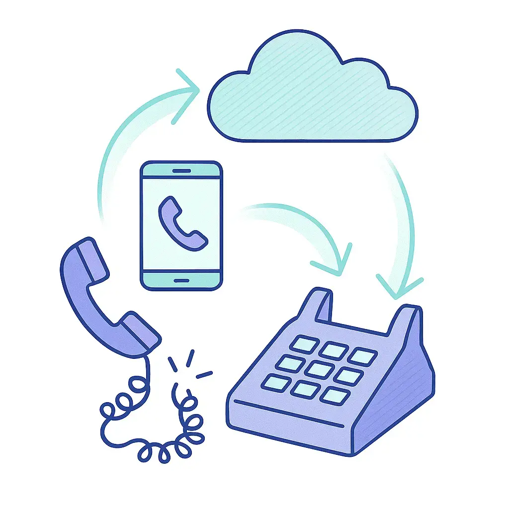 Illustration of a broken landline with a smartphone, arrows, and a cloud symbol showing the path of rerouted calls on a white background.