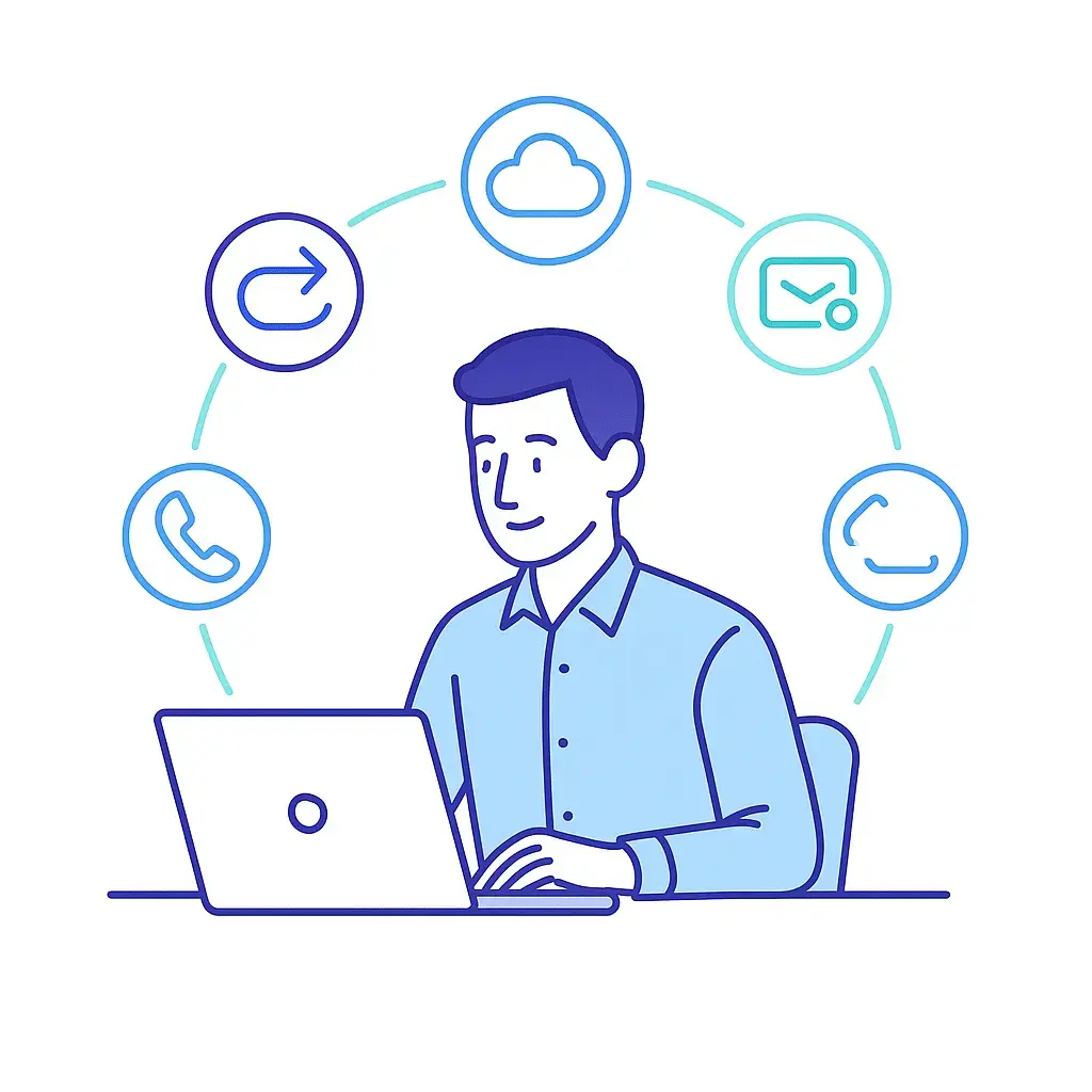 Illustration of a professional at a laptop surrounded by orbiting icons for rerouting, cloud access, voicemail, and SMS alerts on a white background.