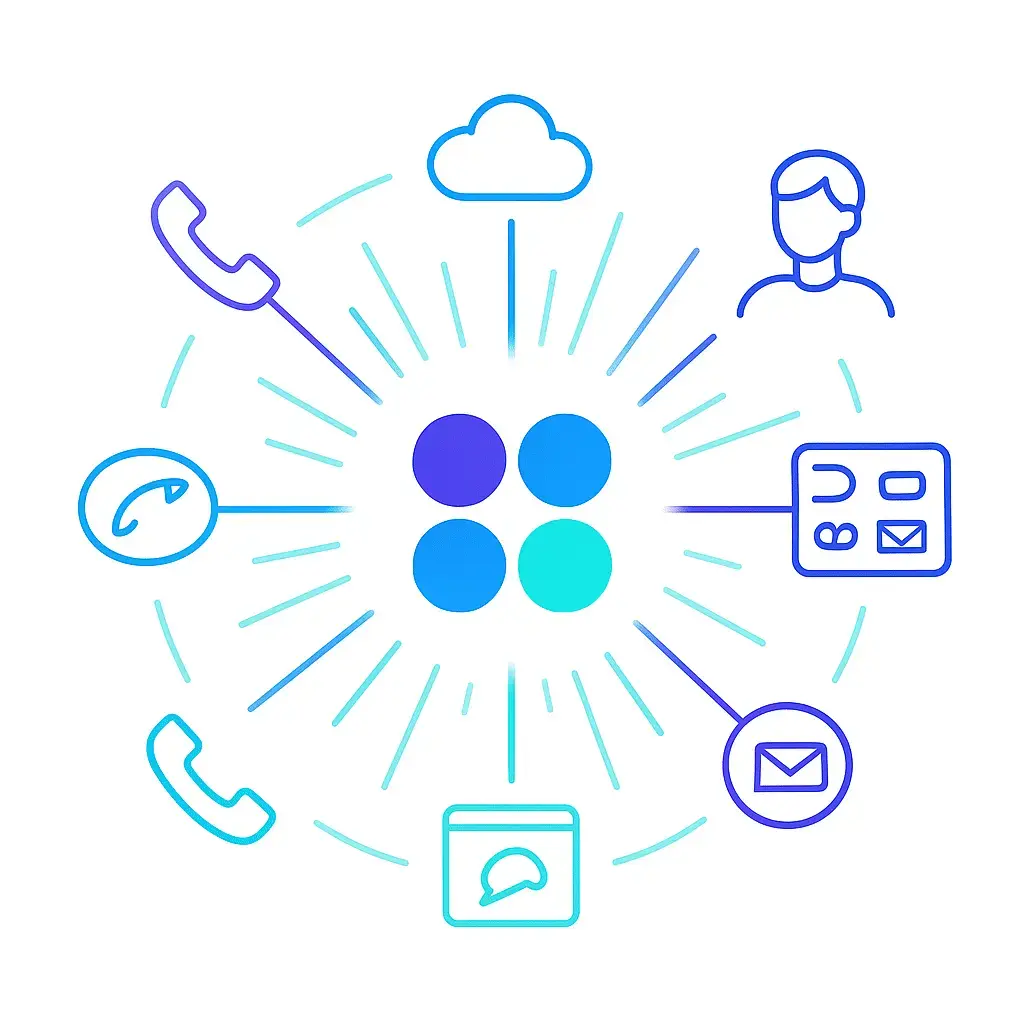 A glowing 4-dot Go Answer logo at the center of a radial network of call, cloud, message, dashboard, and user icons in branded blue, purple, and aqua tones.