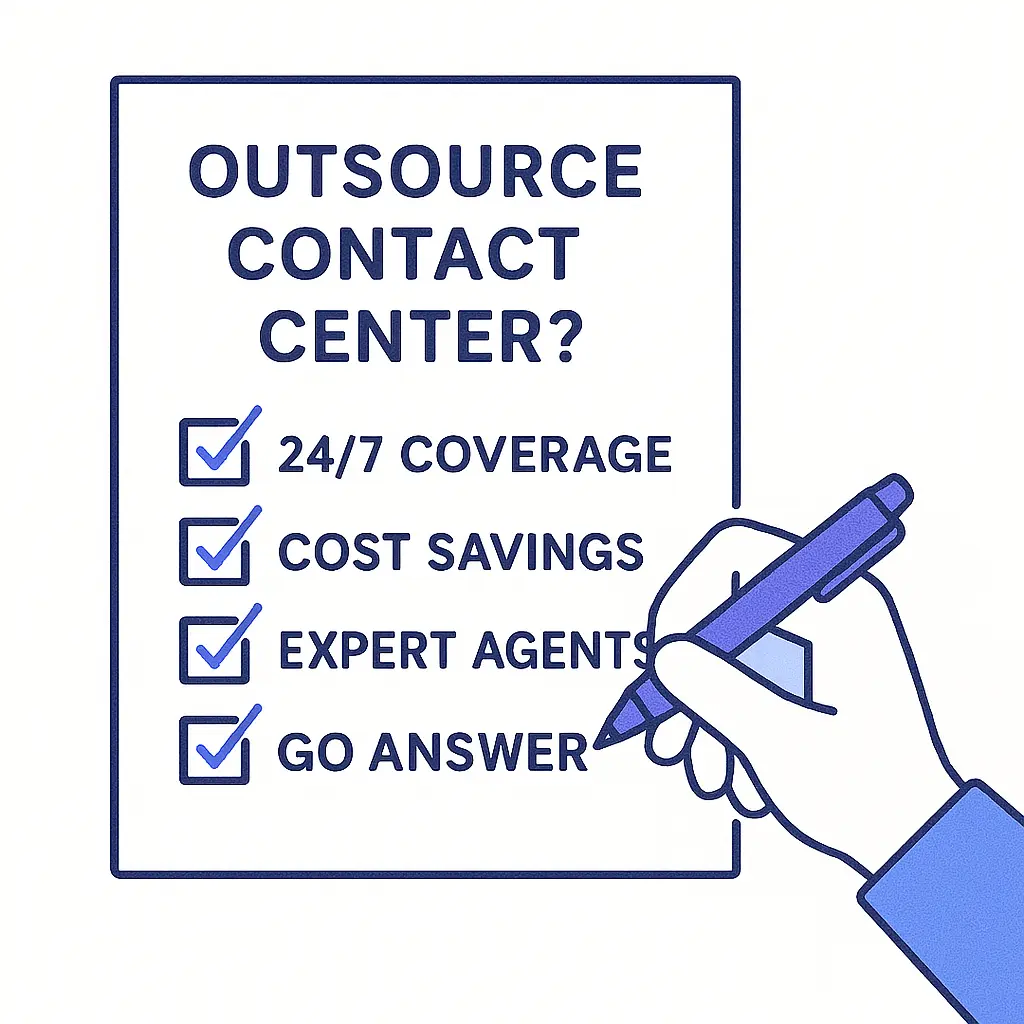 A checklist asks “Outsource Contact Center?” with checked boxes for 24/7 coverage, cost savings, expert agents, and Go Answer, highlighted by a hand with a pen.