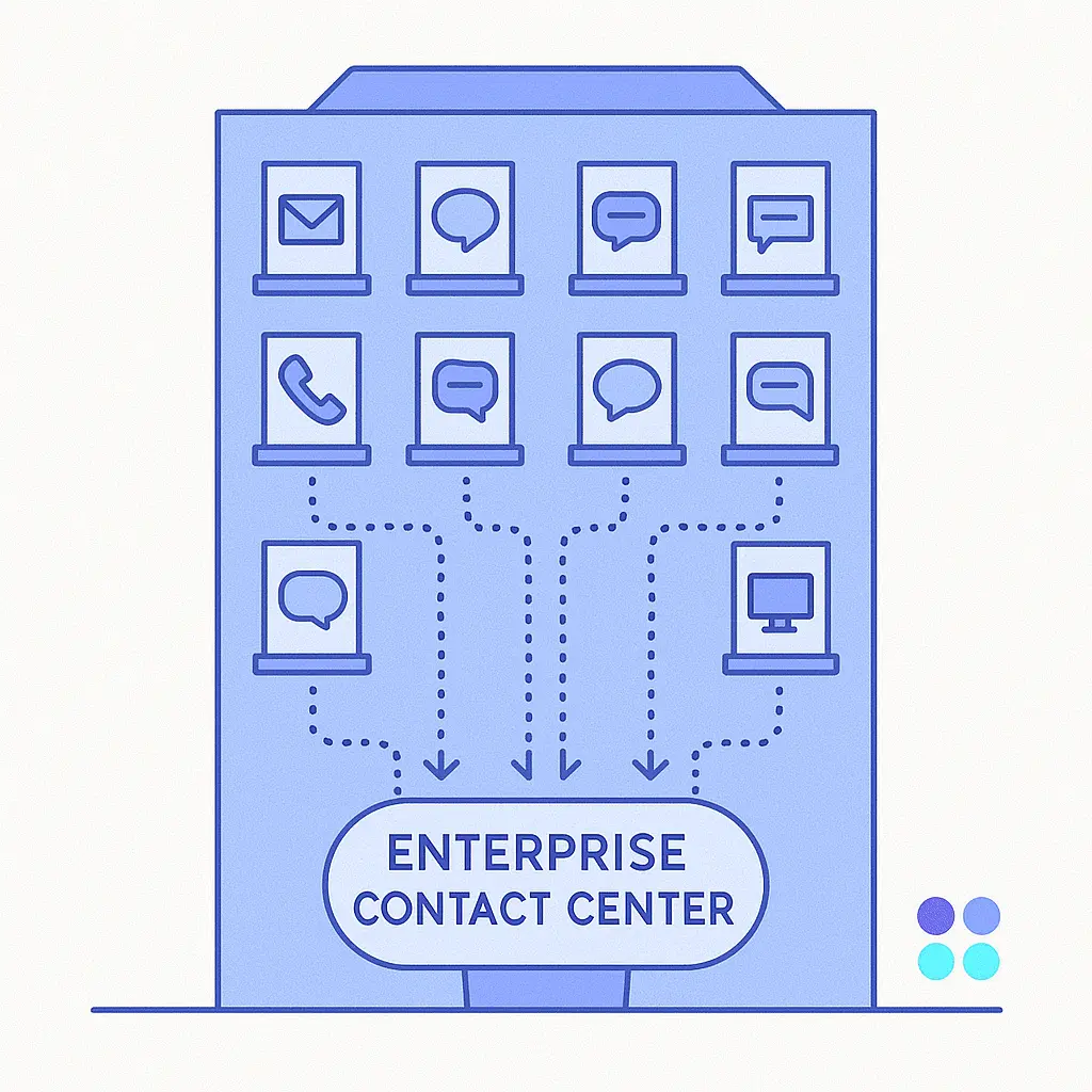 A tall building with windows displaying communication icons, all connecting with dashed lines to a central hub labeled “Enterprise Contact Center.”