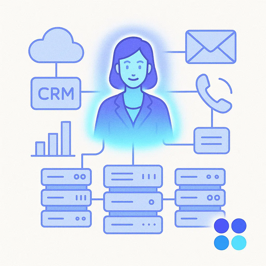 A glowing virtual receptionist stands at the center of a network of servers and icons for CRM, phone, email, and chat in a clean digital environment.