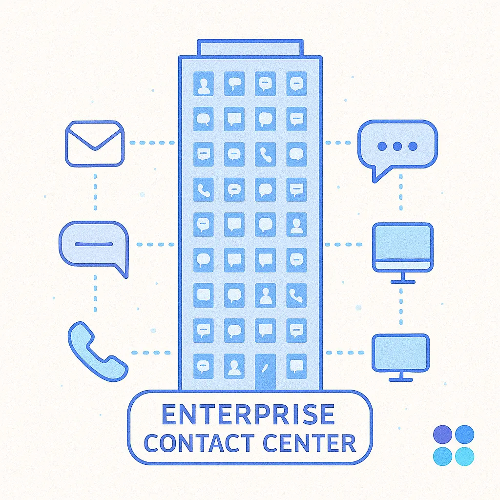 A tall office building with windows displaying icons for email, phone, chat, and user profiles, all connecting to a central 