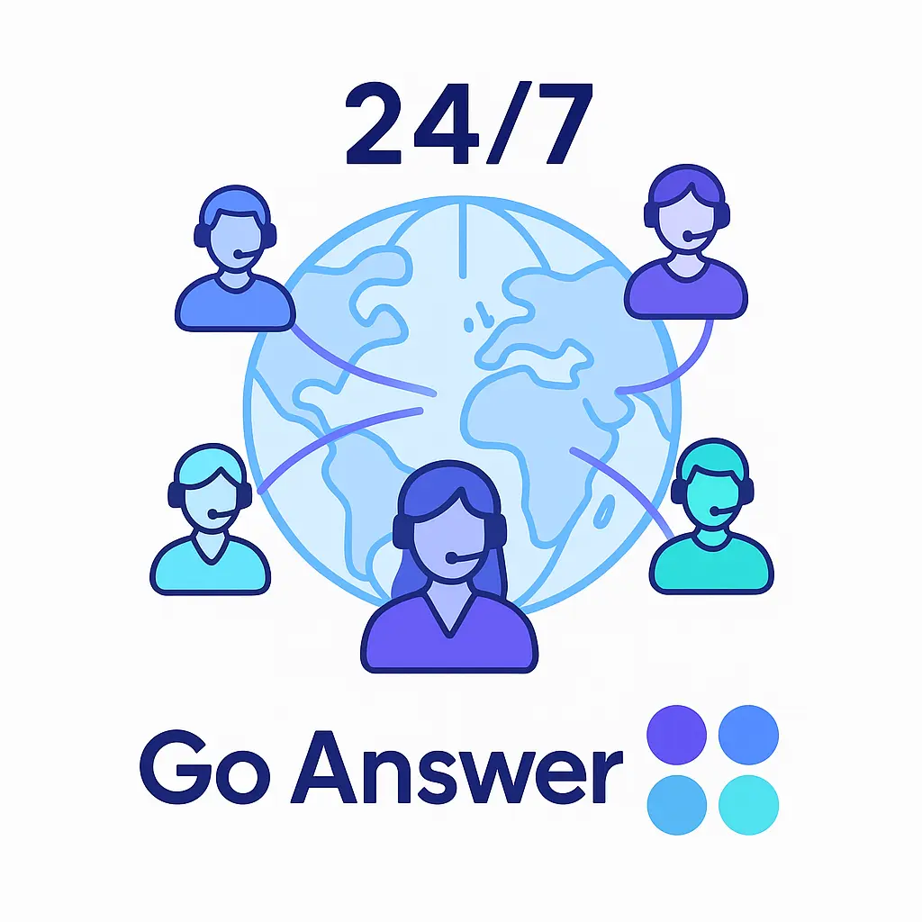 A globe with five connected virtual receptionist avatars under a “24/7” headline and Go Answer logo, all set on a white background.