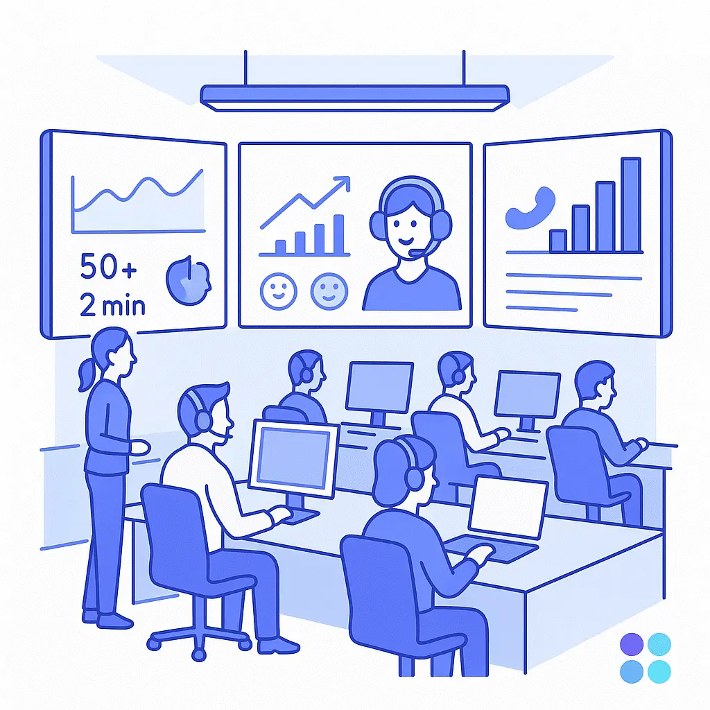 A contact center team monitors customer service dashboards showing response times and sentiment analysis, with the official Go Answer 4-dot logo in the bottom corner.
