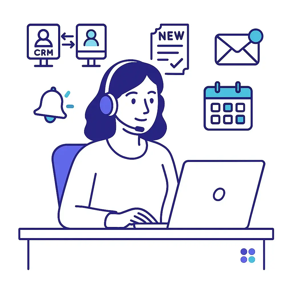 A modern receptionist at a desk wearing a headset, surrounded by floating line-art icons for CRM sync, a “NEW” support ticket, email notification, calendar scheduling, and a bell alert, with a tiny Go Answer 4-dot logo on the desk corner.