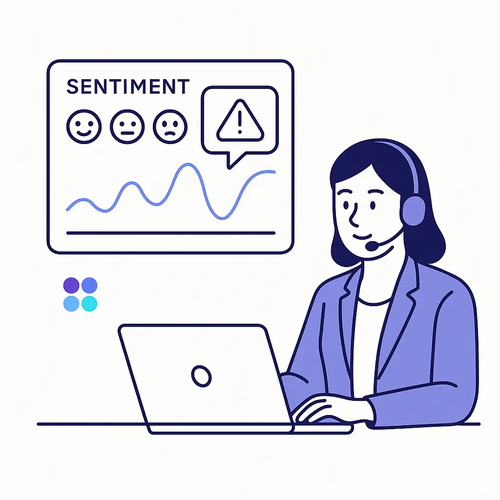 Receptionist monitoring a live sentiment graph with real-time emotional icons and alert notifications.