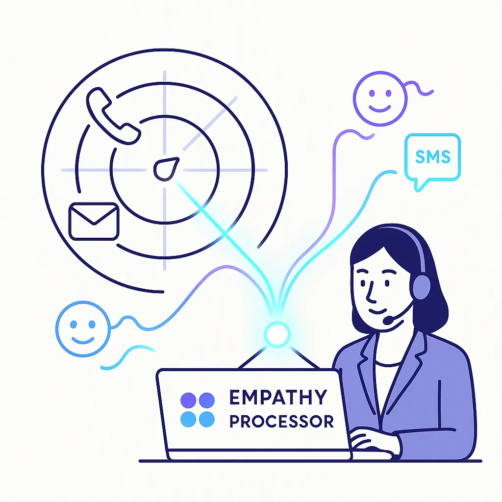 Multi-channel communication icons sending emotional signals to an empathy processor managed by a virtual receptionist.