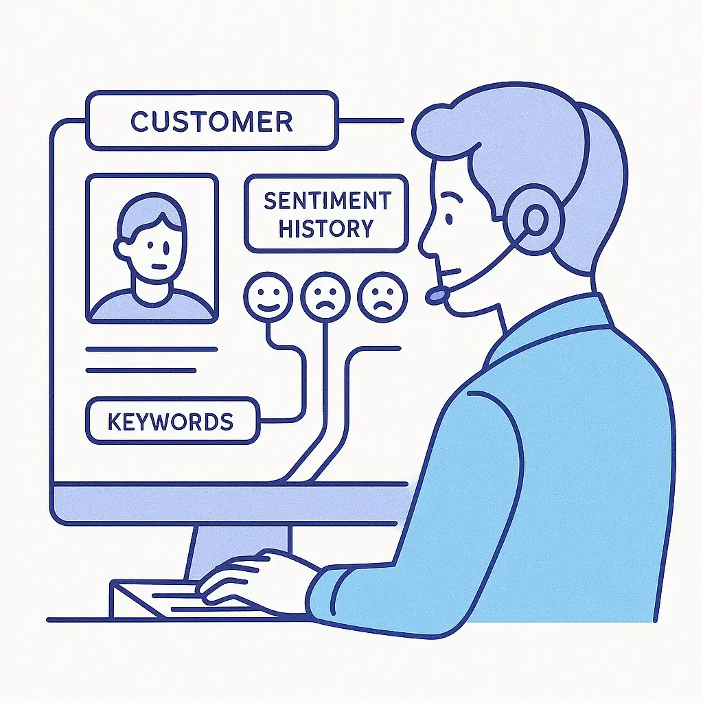 Virtual receptionist analyzing a customer profile with past sentiment data and emotional history.
