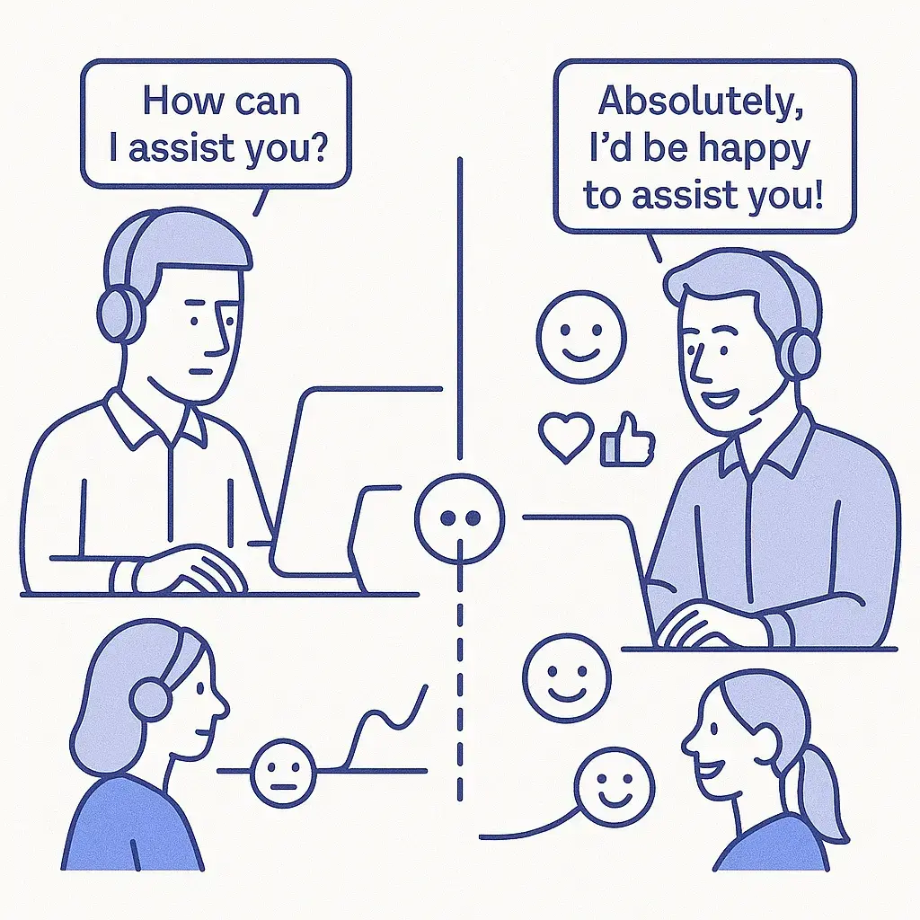 Two-panel comparison of a flat scripted customer support exchange and a warm, empathetic interaction.